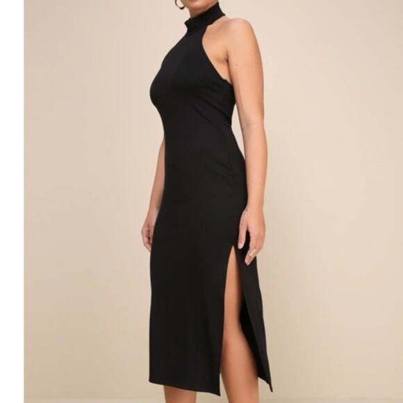 Lulus NWOT Simply Enchanted Black Butter Soft Halter Bodycon Midi Dress Large - Picture 2 of 10